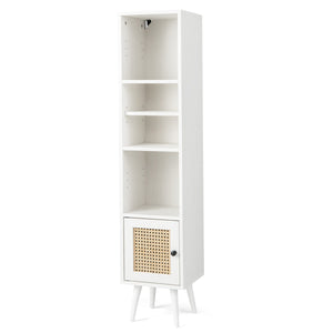 Armadietto boho con porta in rattan gambe in legno massello, Mobile sottile autonomo ripiano regolabile Bianco-Librerie