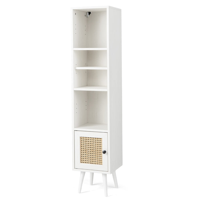 Armadietto boho con porta in rattan gambe in legno massello, Mobile sottile autonomo ripiano regolabile Bianco-Librerie