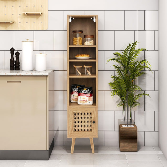 Armadietto boho con porta in rattan gambe in legno massello, Mobile sottile autonomo ripiano regolabile Naturale-Librerie