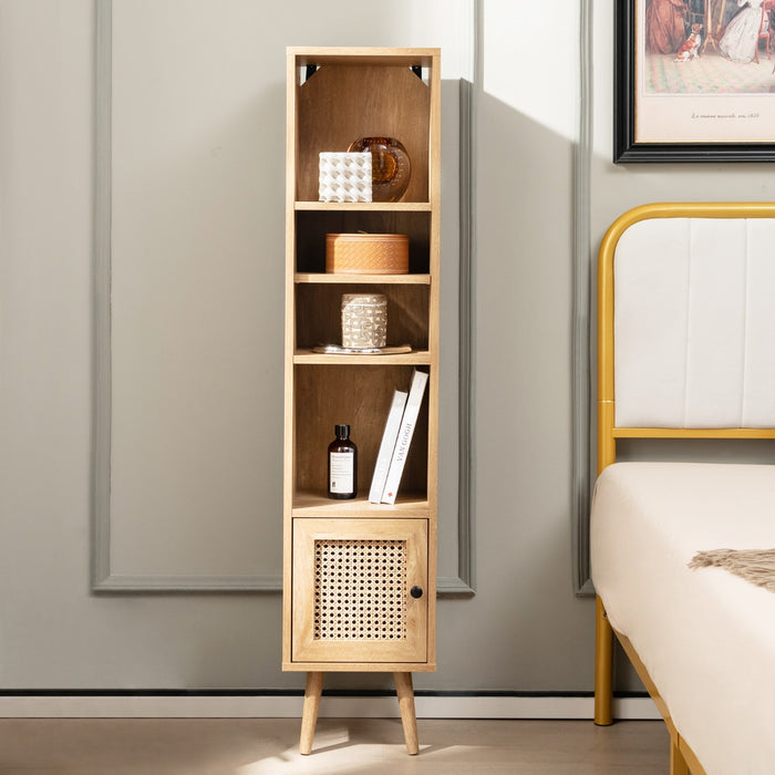 Armadietto boho con porta in rattan gambe in legno massello, Mobile sottile autonomo ripiano regolabile Naturale-Librerie