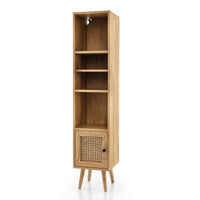 Armadietto boho con porta in rattan gambe in legno massello, Mobile sottile autonomo ripiano regolabile Naturale-Librerie