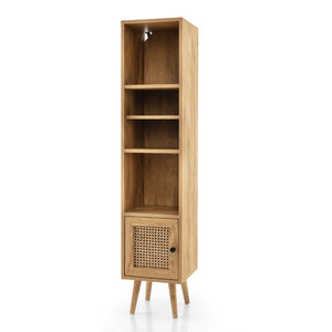 Armadietto boho con porta in rattan gambe in legno massello, Mobile sottile autonomo ripiano regolabile Naturale-Librerie