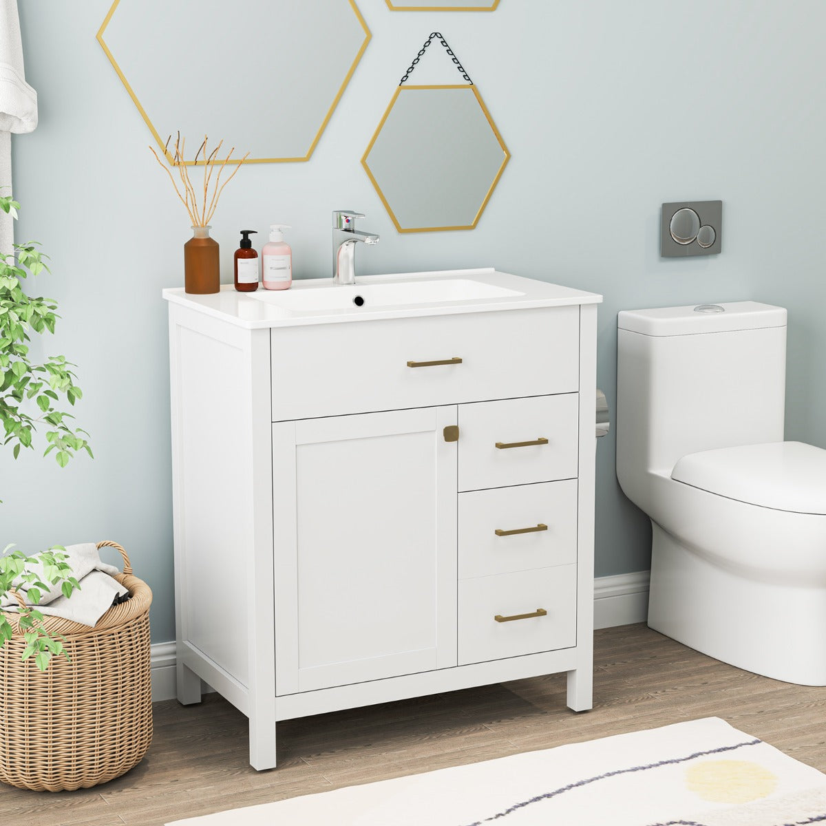 Armadietto da bagno con lavabo in ceramica-Mobiletto da bagno Organizzatore di stoccaggio sotto lavabo con 2 cassetti Bianco