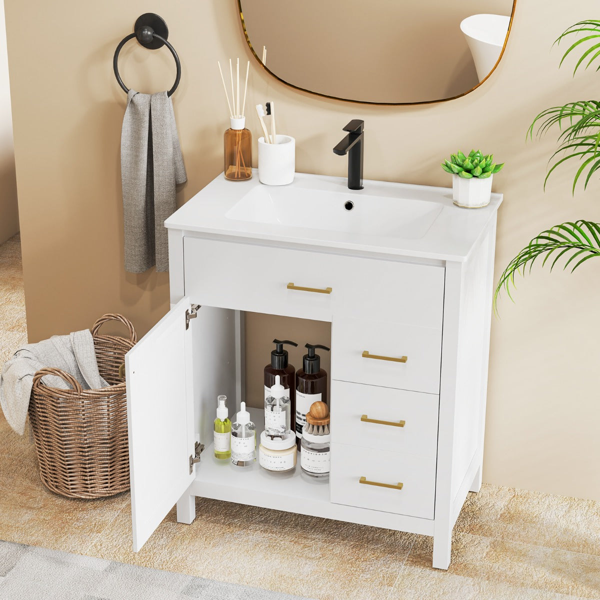 Armadietto da bagno con lavabo in ceramica-Mobiletto da bagno Organizzatore di stoccaggio sotto lavabo con 2 cassetti Bianco