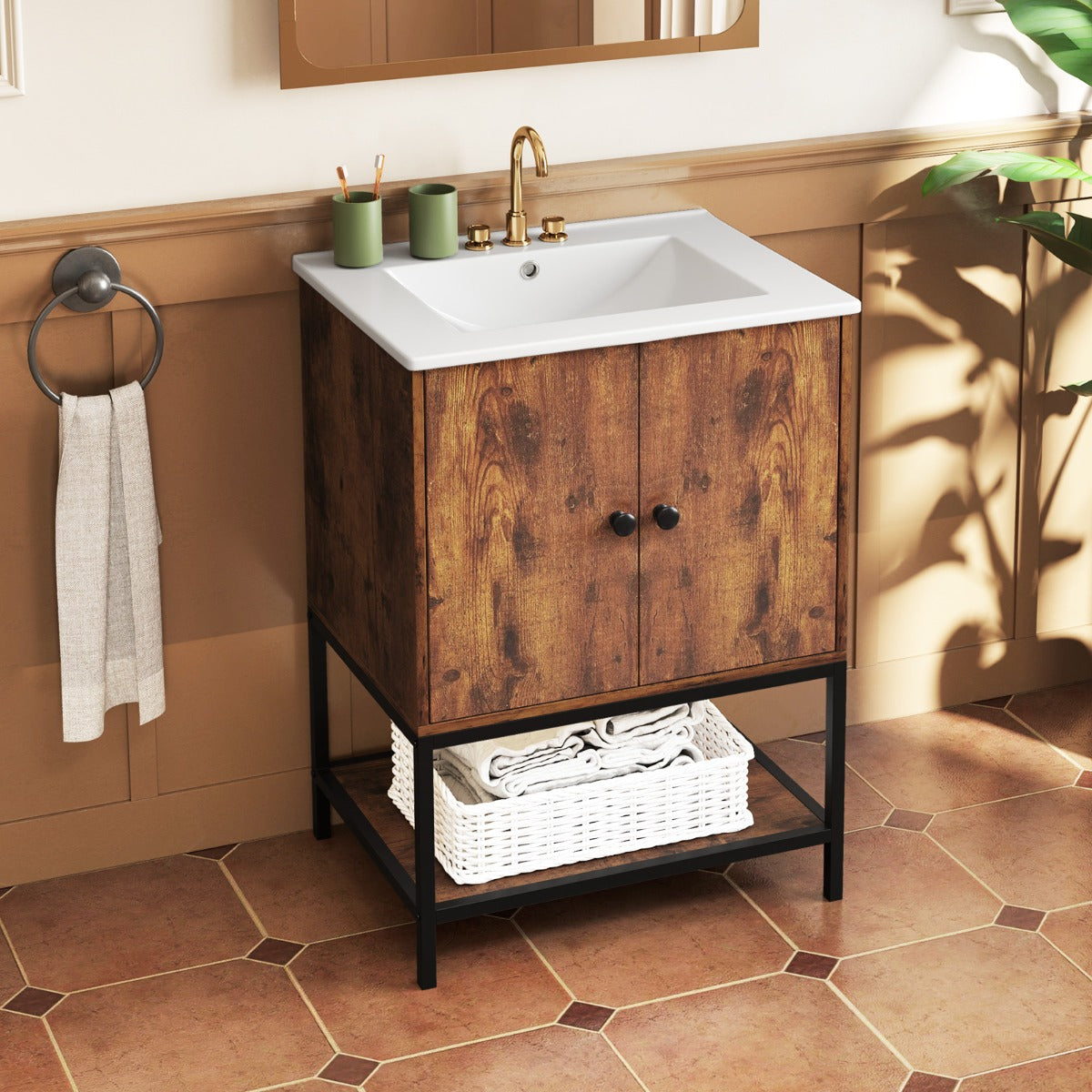Mobiletto per bagno con lavabo in stile industriale-Armadietto a terra sotto lavabo con mensola aperta Marrone