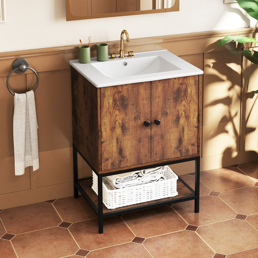 Mobiletto per bagno con lavabo in stile industriale-Armadietto a terra sotto lavabo con mensola aperta Marrone