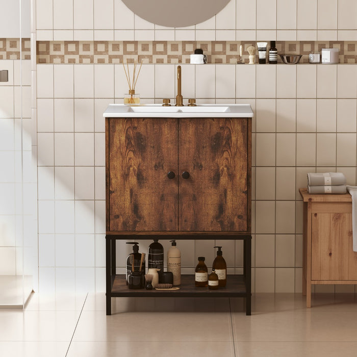 Mobiletto per bagno con lavabo in stile industriale-Armadietto a terra sotto lavabo con mensola aperta Marrone