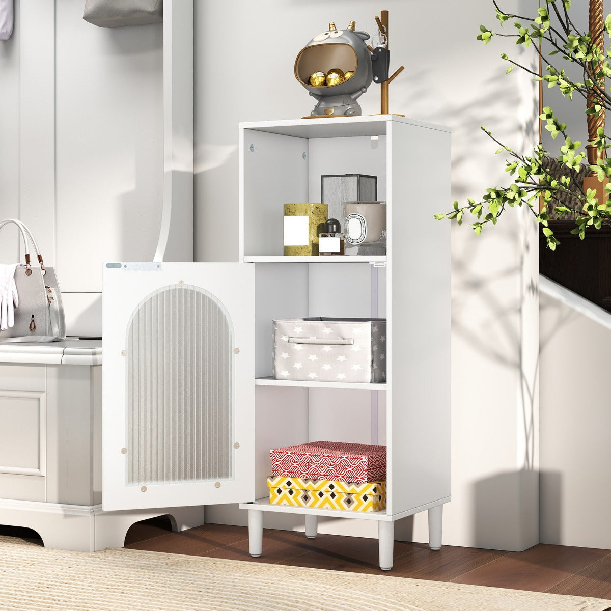 Armadietto da bagno con anta in vetro temperato, Mobile laterale in legno con ripiano regolabile e kit anti-ribaltamento Bianco-Armadi da parete