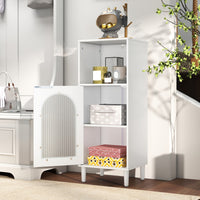 Armadietto da bagno con anta in vetro temperato, Mobile laterale in legno con ripiano regolabile e kit anti-ribaltamento Bianco-Armadi da parete