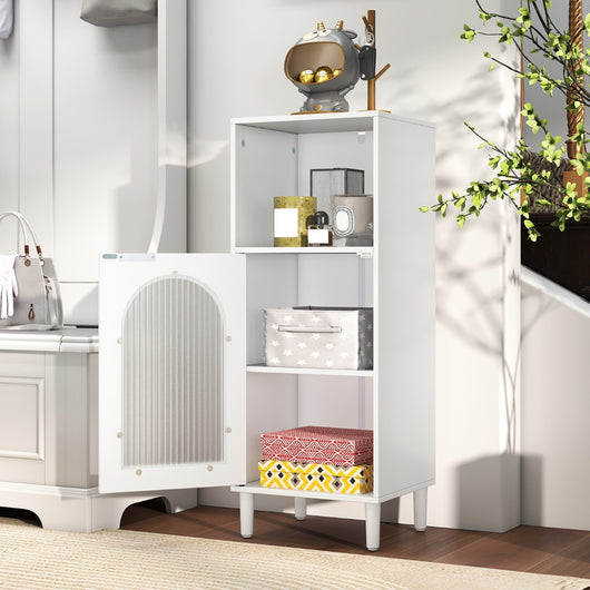 Armadietto da bagno con anta in vetro temperato, Mobile laterale in legno con ripiano regolabile e kit anti-ribaltamento Bianco-Armadi da parete