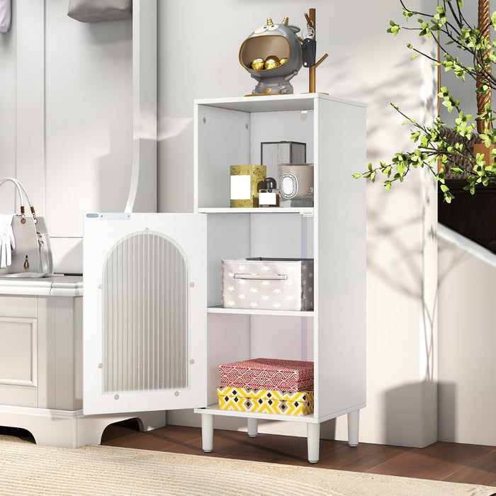 Armadietto da bagno con anta in vetro temperato, Mobile laterale in legno con ripiano regolabile e kit anti-ribaltamento Bianco-Armadi da parete