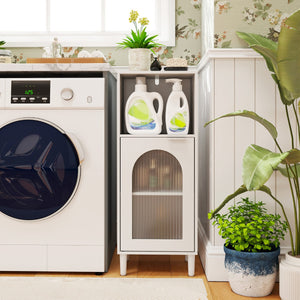 Armadietto da bagno con anta in vetro temperato, Mobile laterale in legno con ripiano regolabile e kit anti-ribaltamento Bianco-Armadi da parete