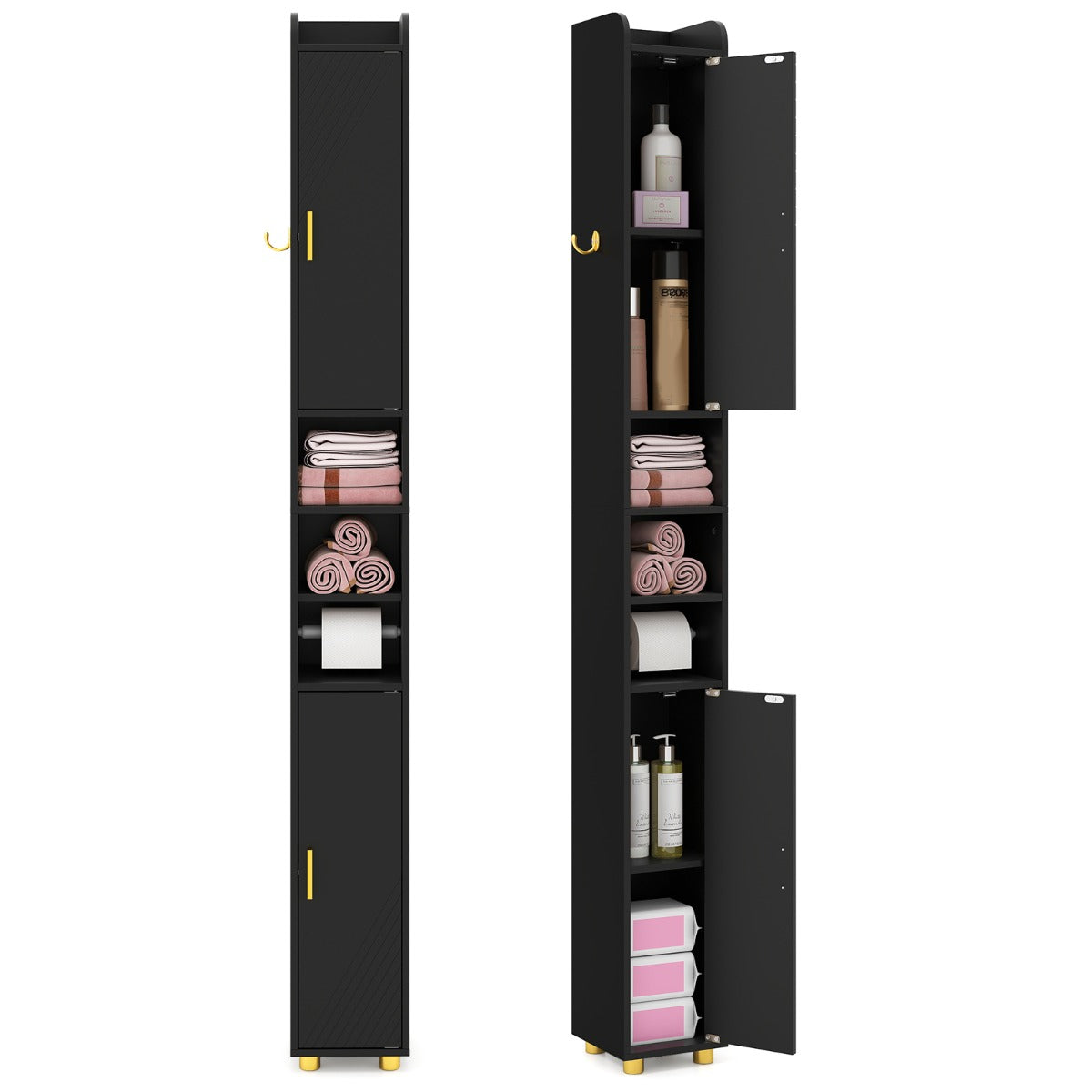 Armadietto da bagno stretto organizzatore stretto con 2 ante e ripiani regolabili-Mobiletto da bagno Armadietto da bagno alto Nero