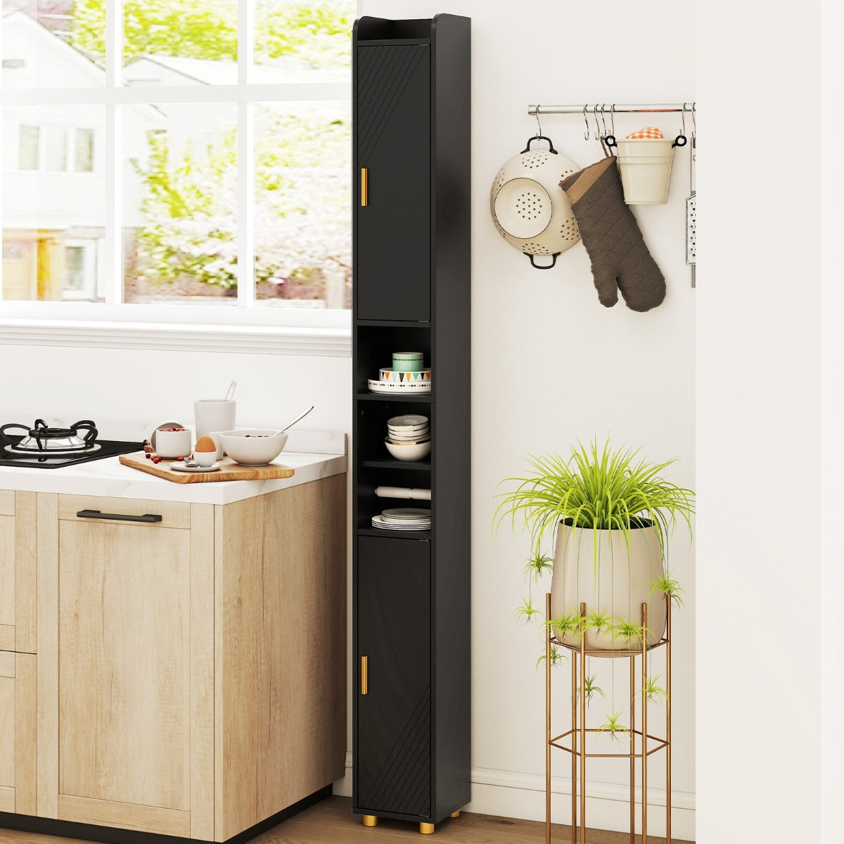 Armadietto da bagno stretto organizzatore stretto con 2 ante e ripiani regolabili-Mobiletto da bagno Armadietto da bagno alto Nero