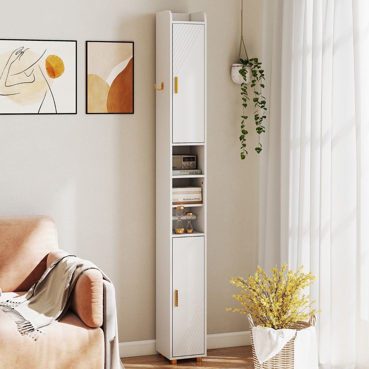 Armadietto da bagno stretto organizzatore stretto con 2 ante e ripiani regolabili-Mobiletto da bagno Armadietto da bagno alto Bianco