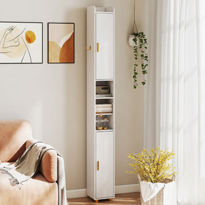 Armadietto da bagno stretto organizzatore stretto con 2 ante e ripiani regolabili-Mobiletto da bagno Armadietto da bagno alto Bianco