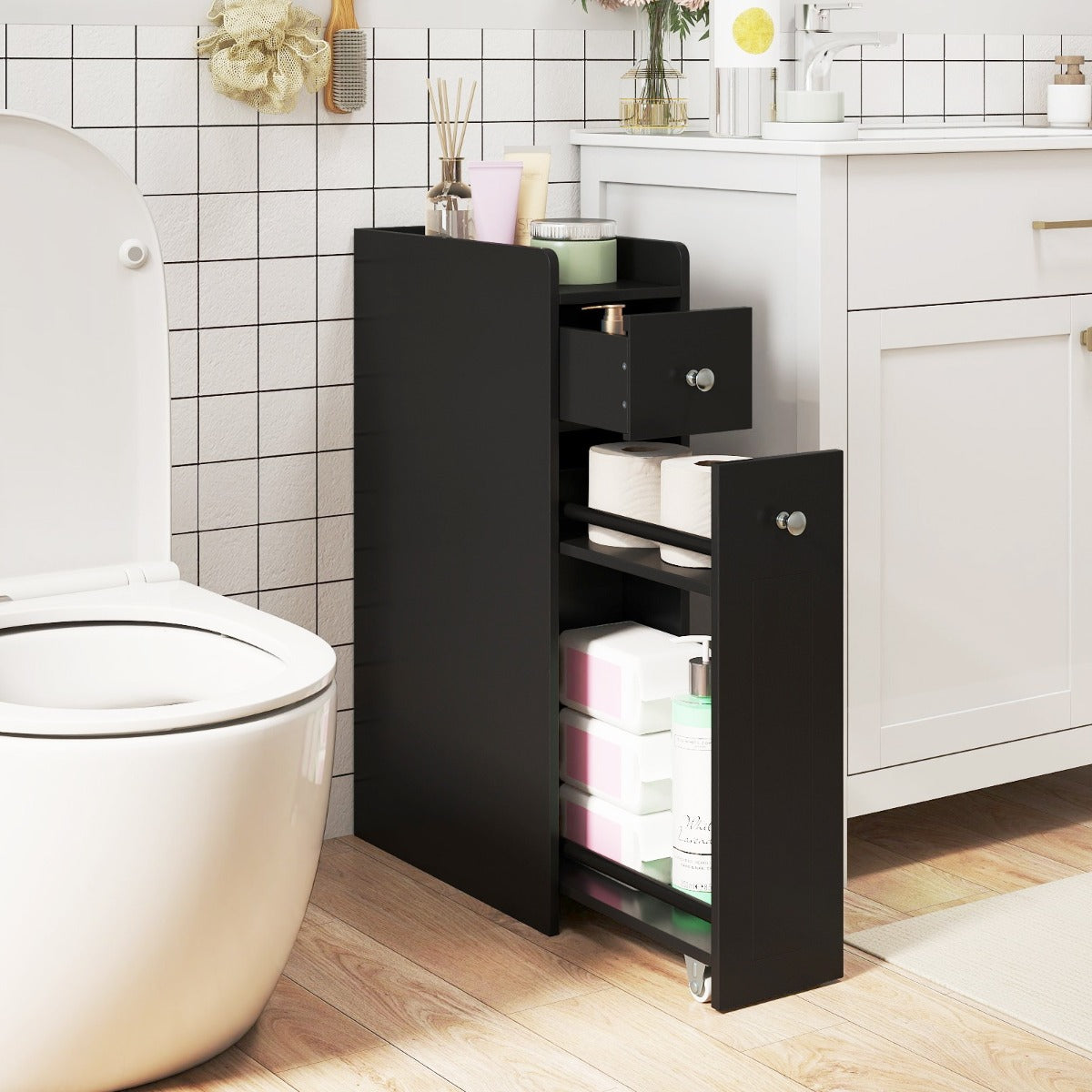 Armadietto da bagno stretto a 4 ripiani con cassetti estraibili, Armadietto da bagno armadio da bagno Nero-Armadietti da bagno