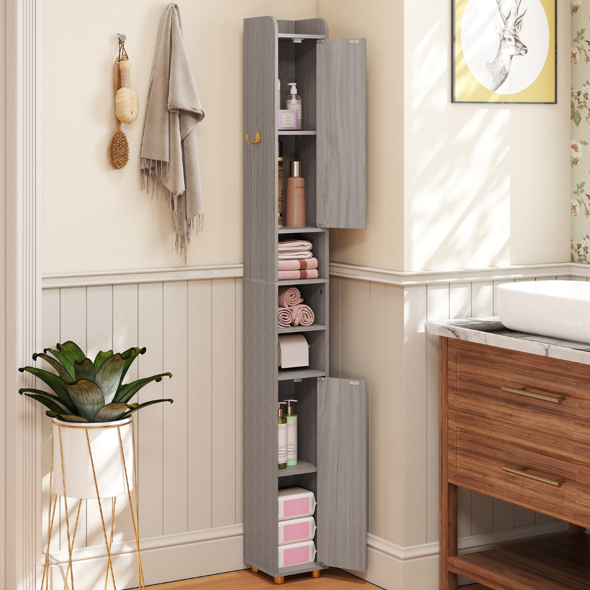 Armadietto da bagno stretto organizzatore stretto con 2 ante e ripiani regolabili-Mobiletto da bagno Armadietto da bagno alto Grigio