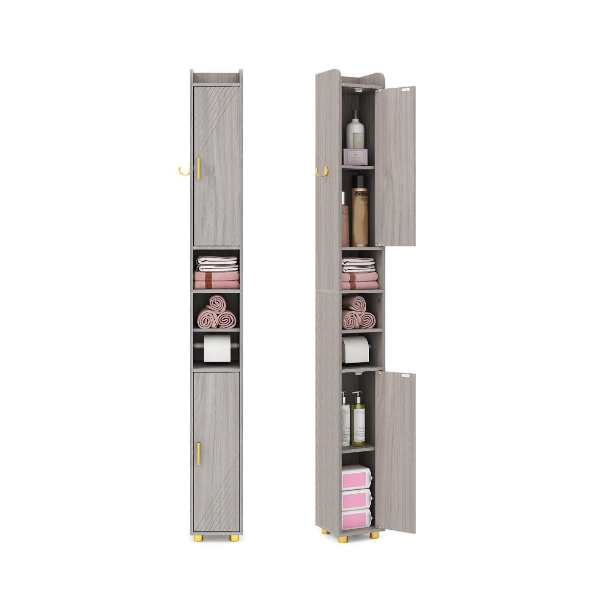 Armadietto da bagno stretto organizzatore stretto con 2 ante e ripiani regolabili-Mobiletto da bagno Armadietto da bagno alto Grigio
