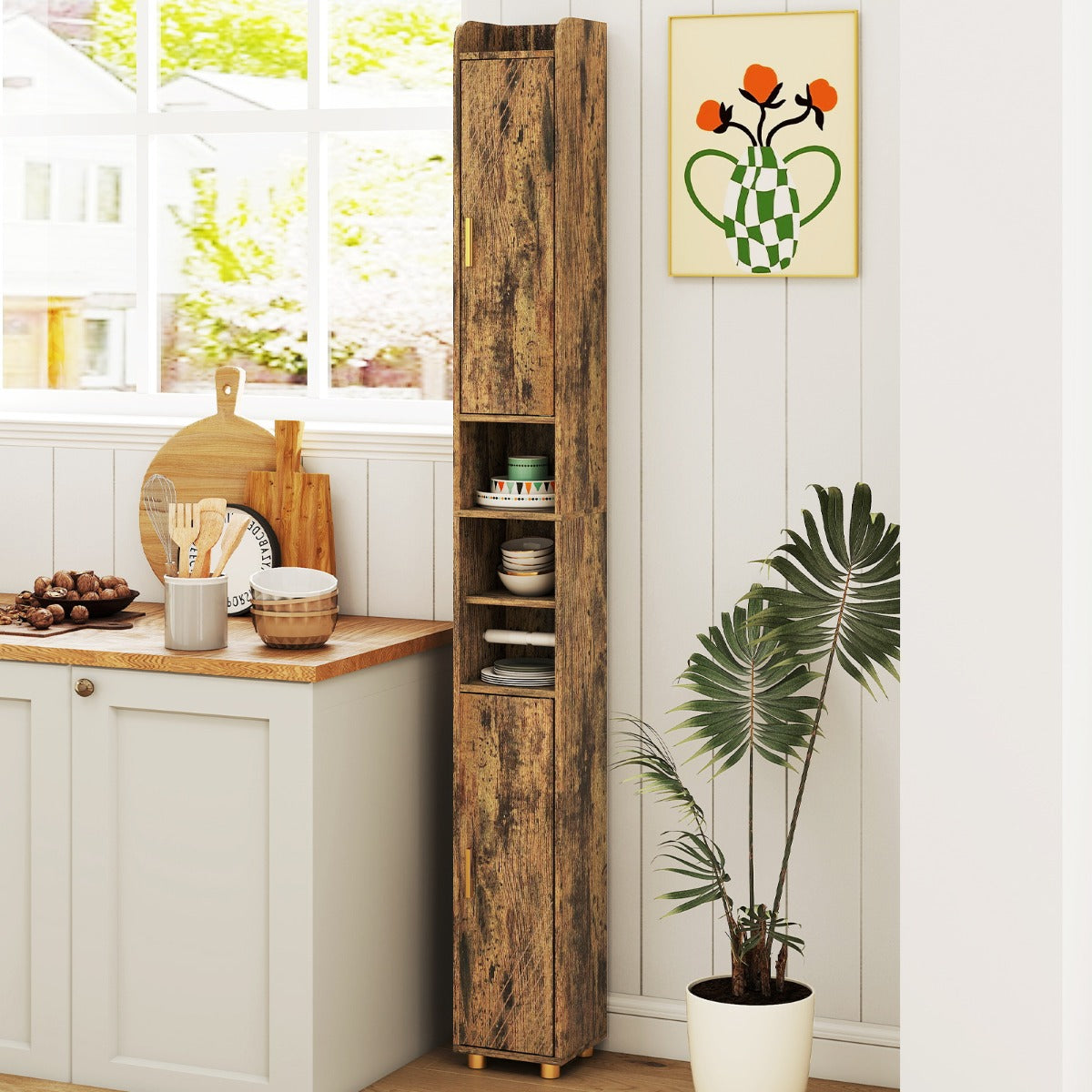 Armadietto da bagno stretto organizzatore stretto con 2 ante e ripiani regolabili-Mobiletto da bagno Armadietto da bagno alto Marrone