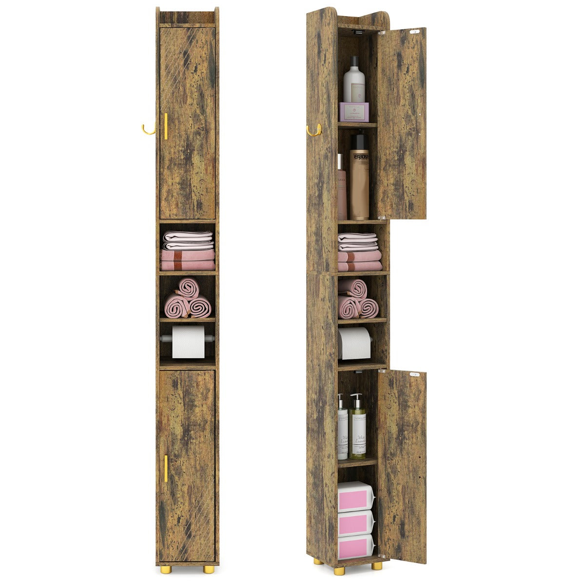 Armadietto da bagno stretto organizzatore stretto con 2 ante e ripiani regolabili-Mobiletto da bagno Armadietto da bagno alto Marrone