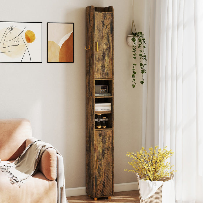 Armadietto da bagno stretto organizzatore stretto con 2 ante e ripiani regolabili-Mobiletto da bagno Armadietto da bagno alto Marrone