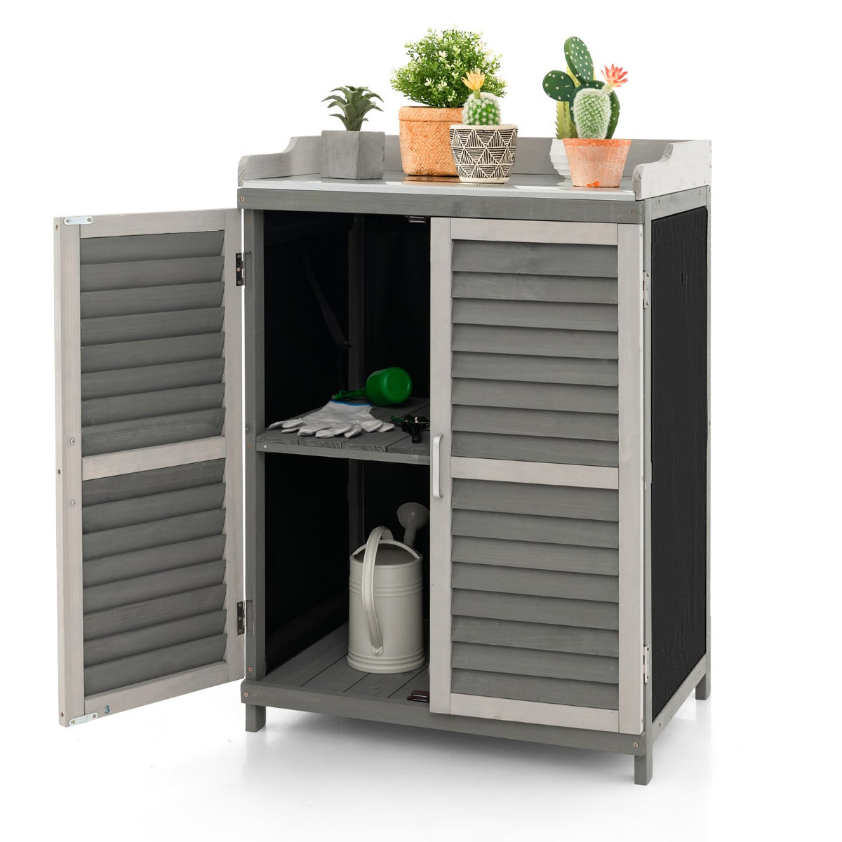 Armadietto da esterno in legno di abete con 2 ante magnetiche, 1 ripiano e piano in metallo placcato 67x47x100 cm Grigio-Casette da giardino