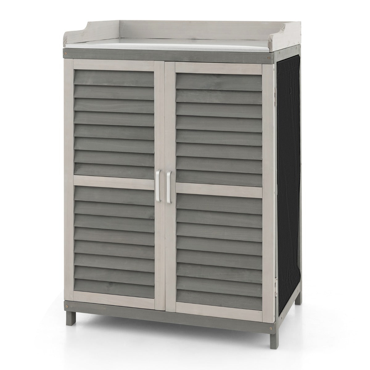 Armadietto da esterno in legno di abete con 2 ante magnetiche, 1 ripiano e piano in metallo placcato 67x47x100 cm Grigio-Casette da giardino