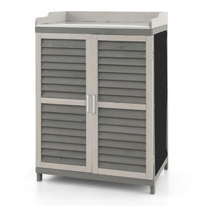 Armadietto da esterno in legno di abete con 2 ante magnetiche, 1 ripiano e piano in metallo placcato 67x47x100 cm Grigio-Casette da giardino