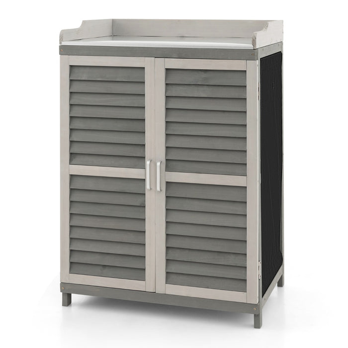 Armadietto da esterno in legno di abete con 2 ante magnetiche, 1 ripiano e piano in metallo placcato 67x47x100 cm Grigio-Casette da giardino