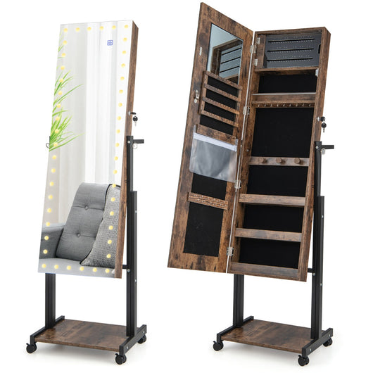 Armadietto da gioielli con specchio a lunghezza intera dimmerabile a 3 colori, Armadio portagioie con ruote Marrone-Armadietti per gioielli