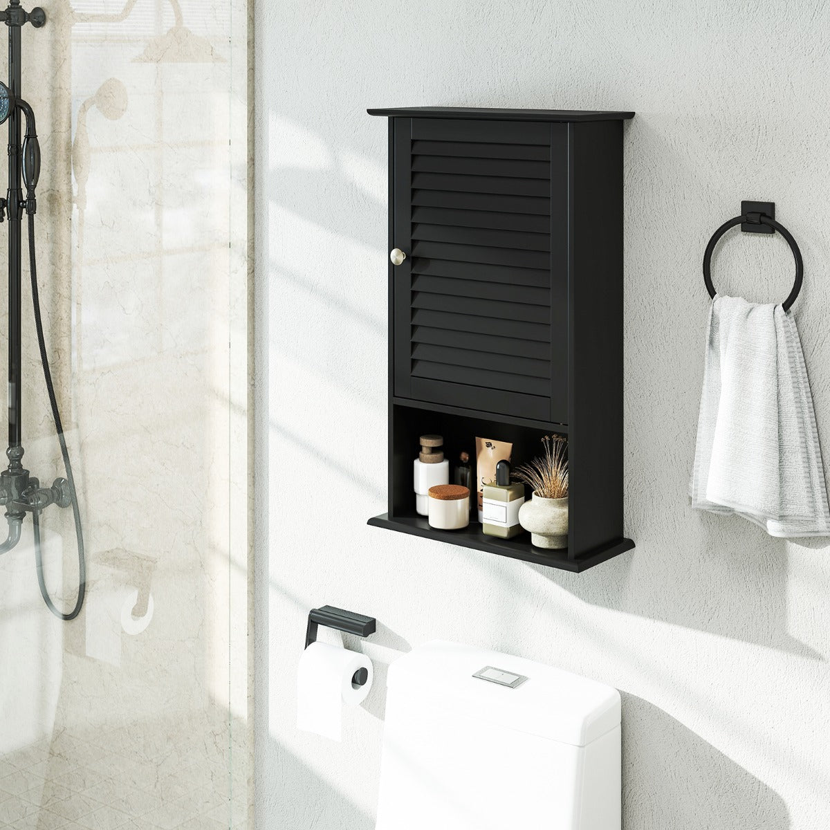 Armadietto da parete in legno da bagno con ripiani-Mobile da bagno sospeso 42x17x70cm Nero