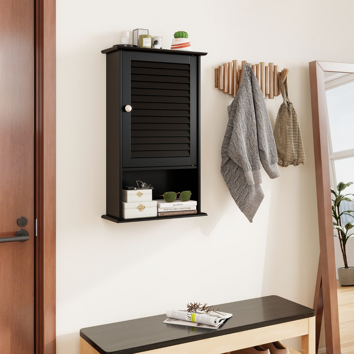 Armadietto da parete in legno da bagno con ripiani-Mobile da bagno sospeso 42x17x70cm Nero