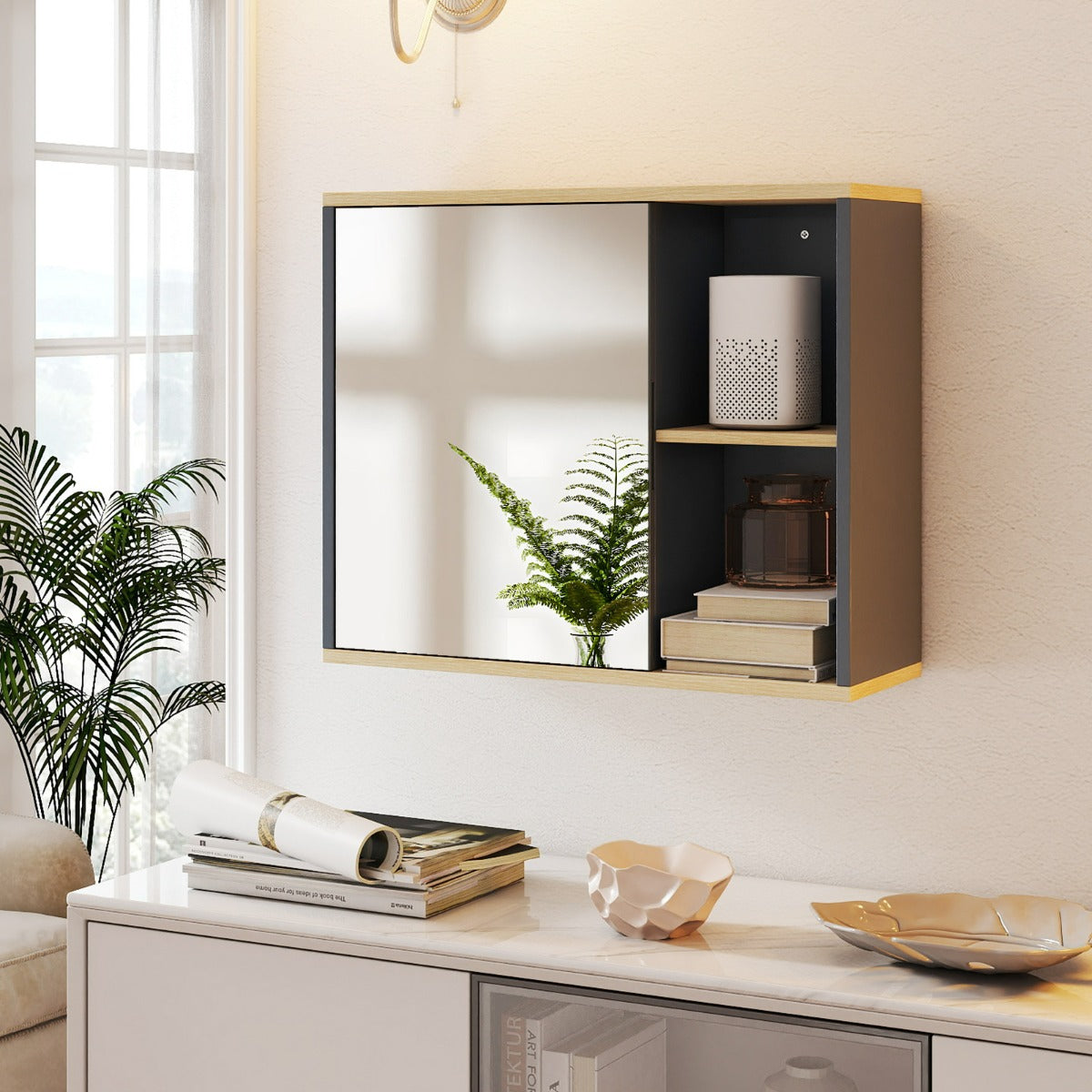 Mobile da parete per bagno con porta specchiata e ripiano regolabile, Armadio per medicina con specchio per soggiorno Grigio-Armadietti per gioielli