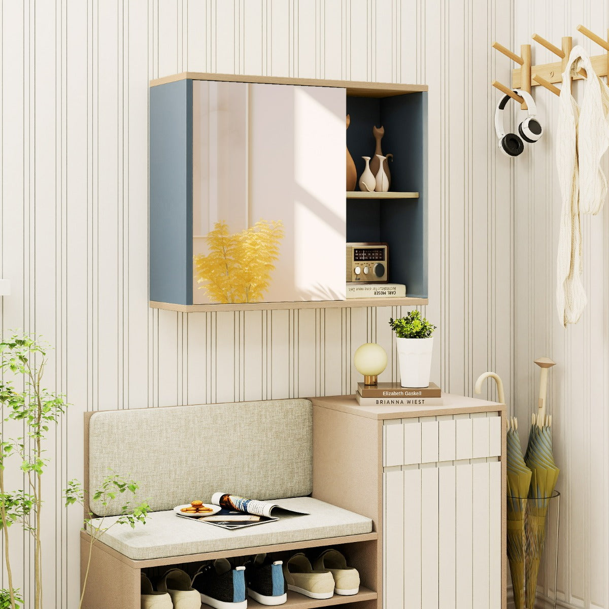 Mobile da parete per bagno con porta specchiata e ripiano regolabile, Armadio per medicina con specchio per soggiorno Grigio-Armadietti per gioielli