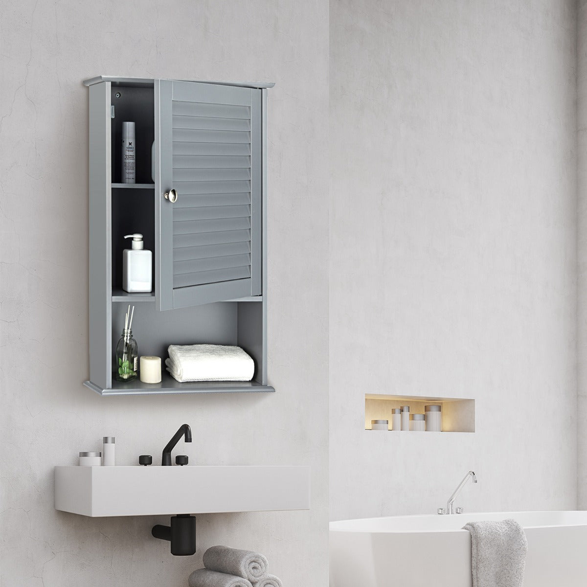 Armadietto da parete in legno da bagno con ripiani-Mobile da bagno sospeso 42x17x70cm Grigio