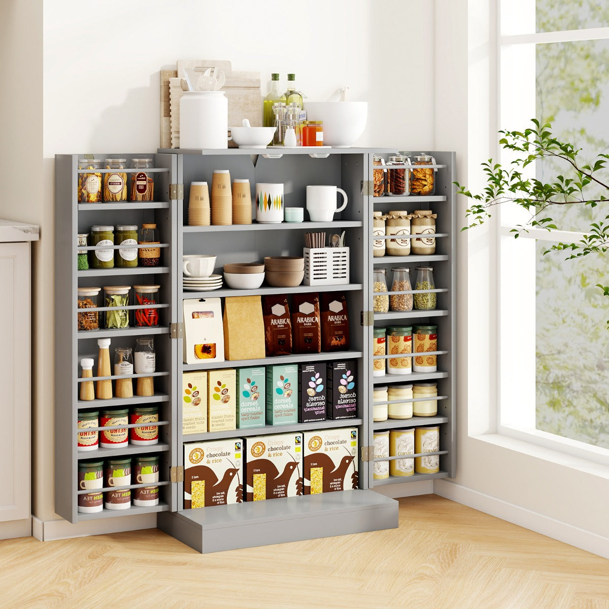 Armadietto dispensa alto 104 cm con ante e ripiani regolabili, Credenza autoportante per sala da pranzo e soggiorno-Credenze buffet