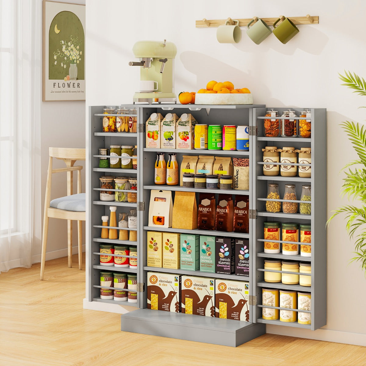 Armadietto dispensa alto 104 cm con ante e ripiani regolabili, Credenza autoportante per sala da pranzo e soggiorno-Credenze buffet