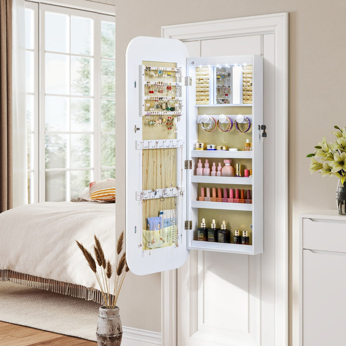 Armadietto per gioielli organizzatore con specchio a figura intera, Armadietto per gioielli e 6 led bordo arrotondato Bianco-Armadietti per gioielli