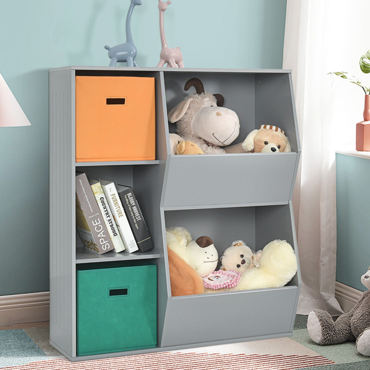 Armadietto porta giochi per bambini con 2 cestini, Moderno scaffale da pavimento per libri giocattoli Grigio-Scaffalature