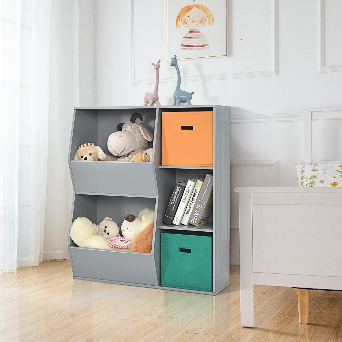 Armadietto porta giochi per bambini con 2 cestini, Moderno scaffale da pavimento per libri giocattoli Grigio-Scaffalature