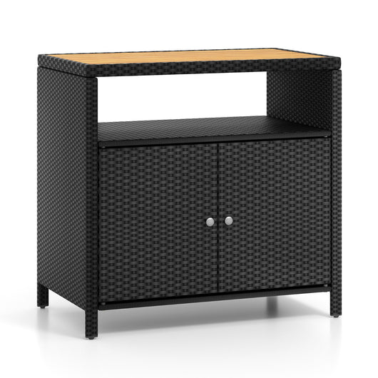 Armadietto portaoggetti in rattan con piano in legno di acacia-Mobile buffet per esterni con armadio a 2 ante Nero