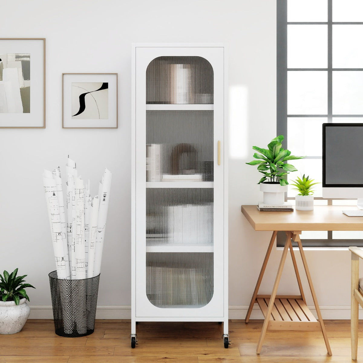 Armadietto portaoggetti in metallo con 5 ripiani regolabili e porta semitrasparente-Organizzatore con ruote per sala da pranzo Bianco