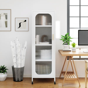 Armadietto portaoggetti in metallo con 5 ripiani regolabili e porta semitrasparente-Organizzatore con ruote per sala da pranzo Bianco