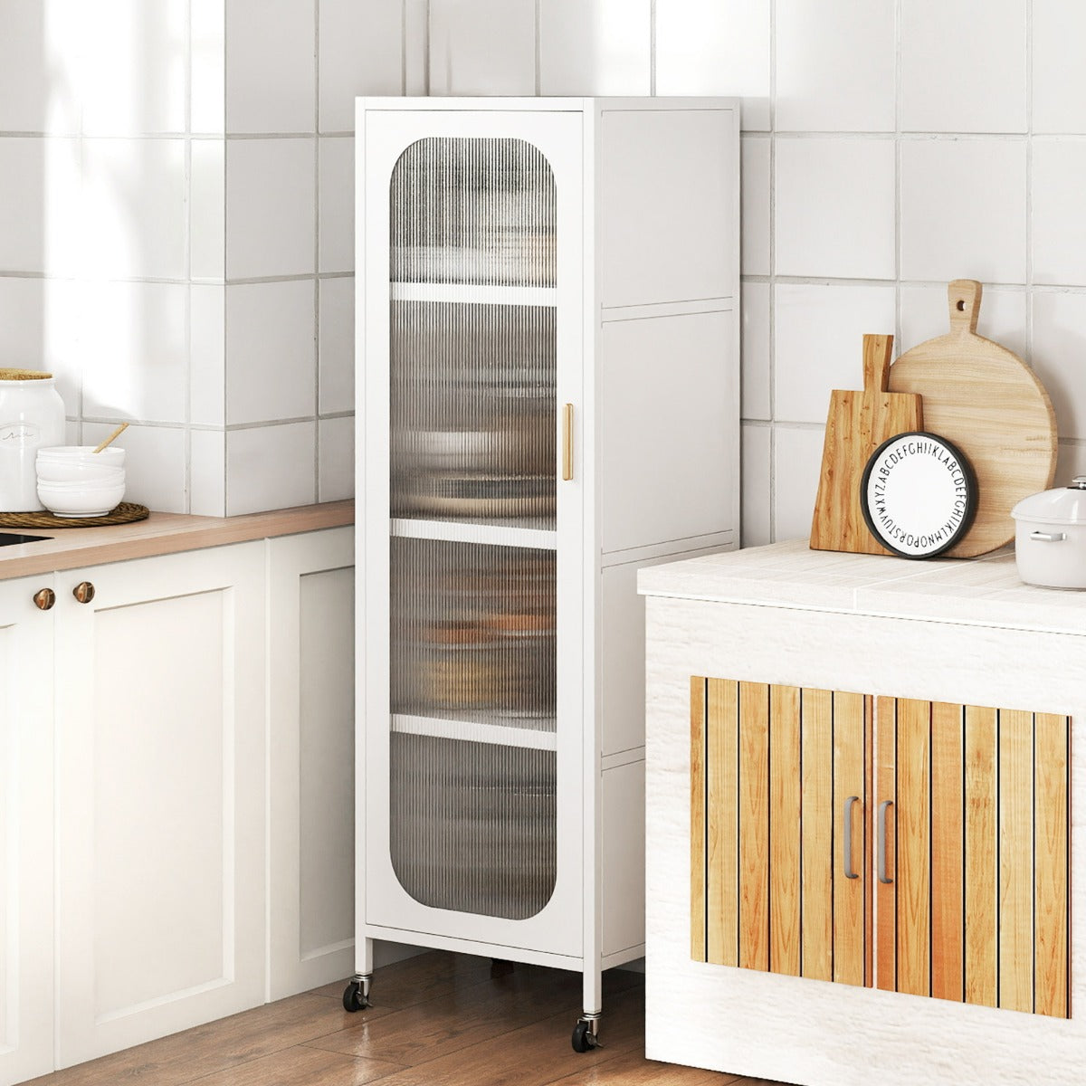 Armadietto portaoggetti in metallo con 5 ripiani regolabili e porta semitrasparente-Organizzatore con ruote per sala da pranzo Bianco