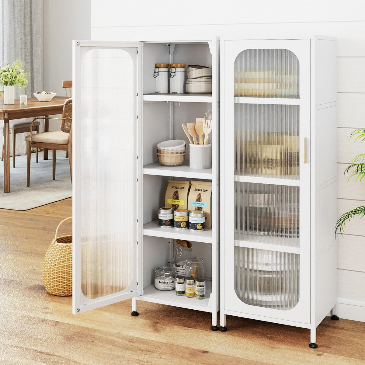 Armadietto portaoggetti in metallo con 5 ripiani regolabili e porta semitrasparente-Organizzatore con ruote per sala da pranzo Bianco