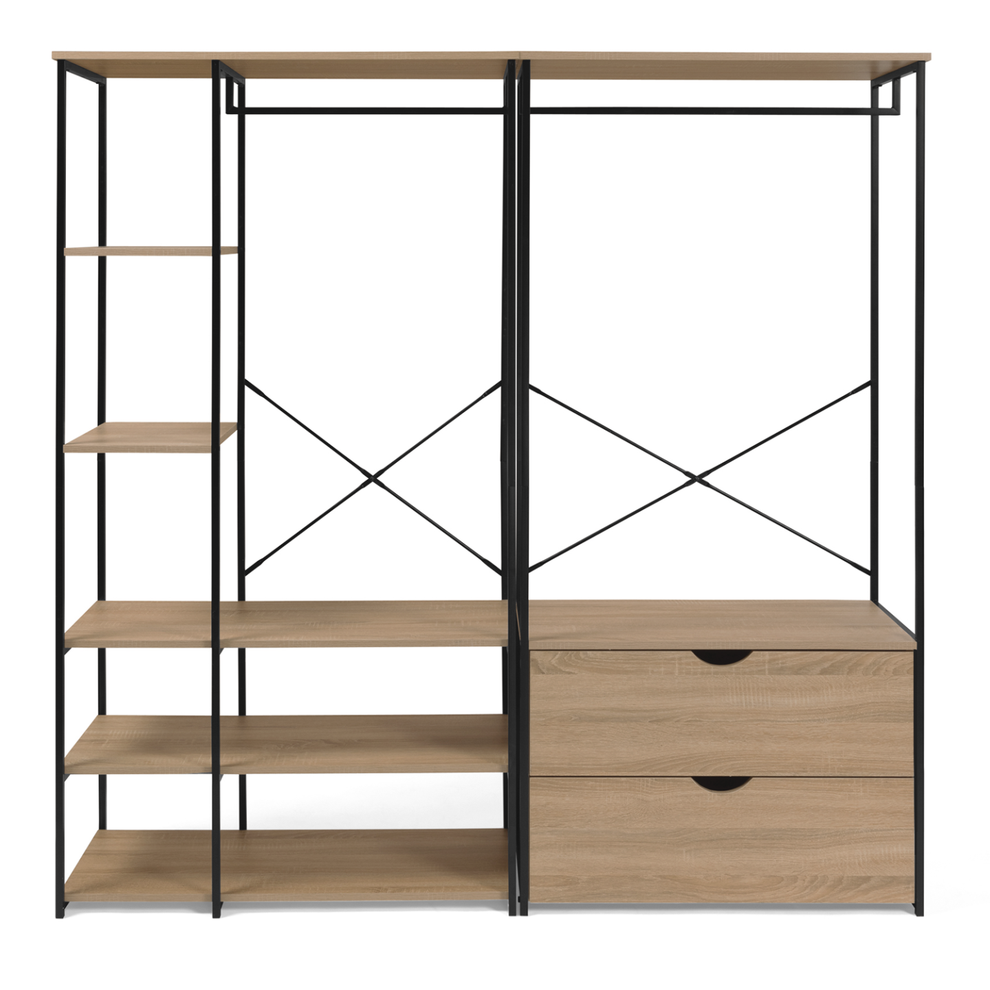 IDMarket - Armadio componibile con doppio guardaroba, ripiani e 2 cassetti L. 170 cm DETROIT design industriale