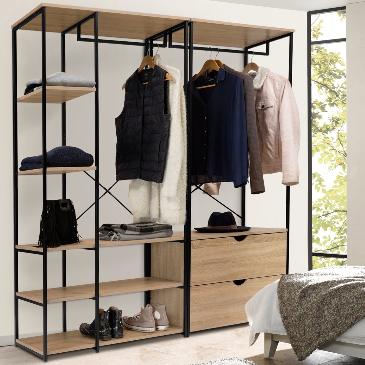 IDMarket - Armadio componibile con doppio guardaroba, ripiani e 2 cassetti L. 170 cm DETROIT design industriale