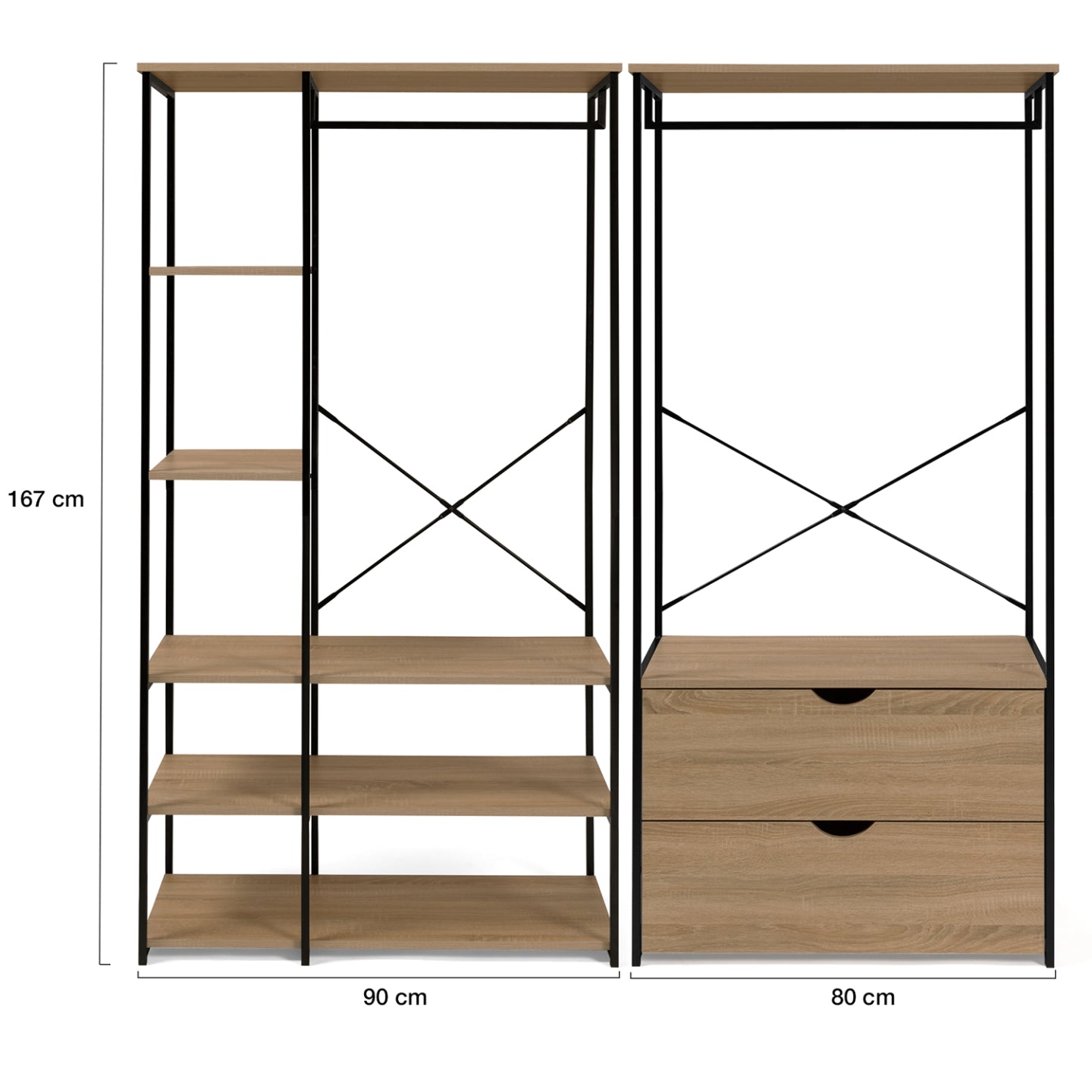IDMarket - Armadio componibile con doppio guardaroba, ripiani e 2 cassetti L. 170 cm DETROIT design industriale