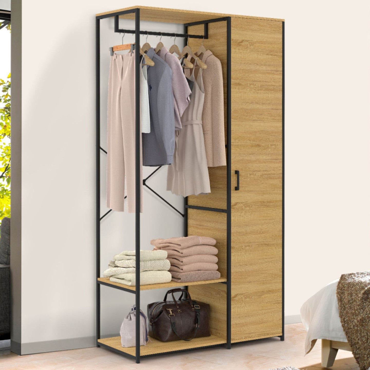 IDMarket - Armadio con ripiani e anta L. 90 cm DETROIT design industriale